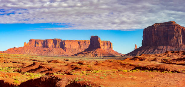 Buttes called Totem Pole in Monument Valley, Arizona, under a partially clouded sky