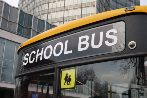 Close up of sign at front of school bus parked in Westminster. London. England