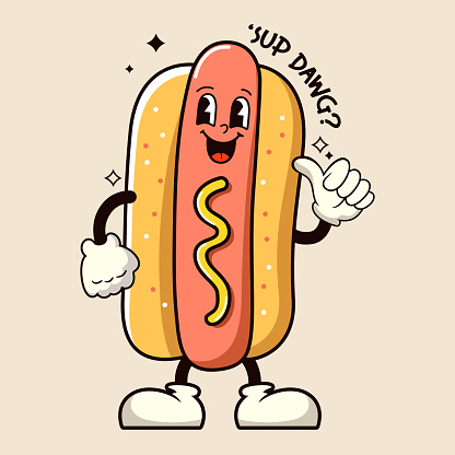 Hot Dog cartoon groovy character. Vector stock illustration.