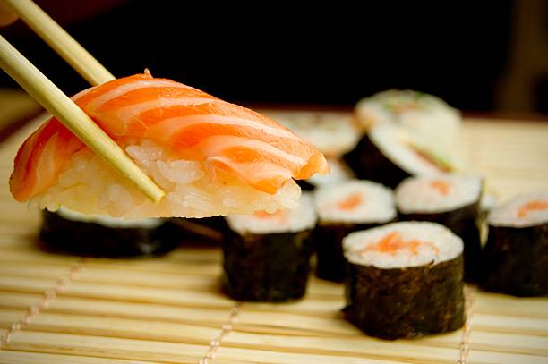 istock Japanese sushi. Tuna, sticks on bamboo napkin 177263141