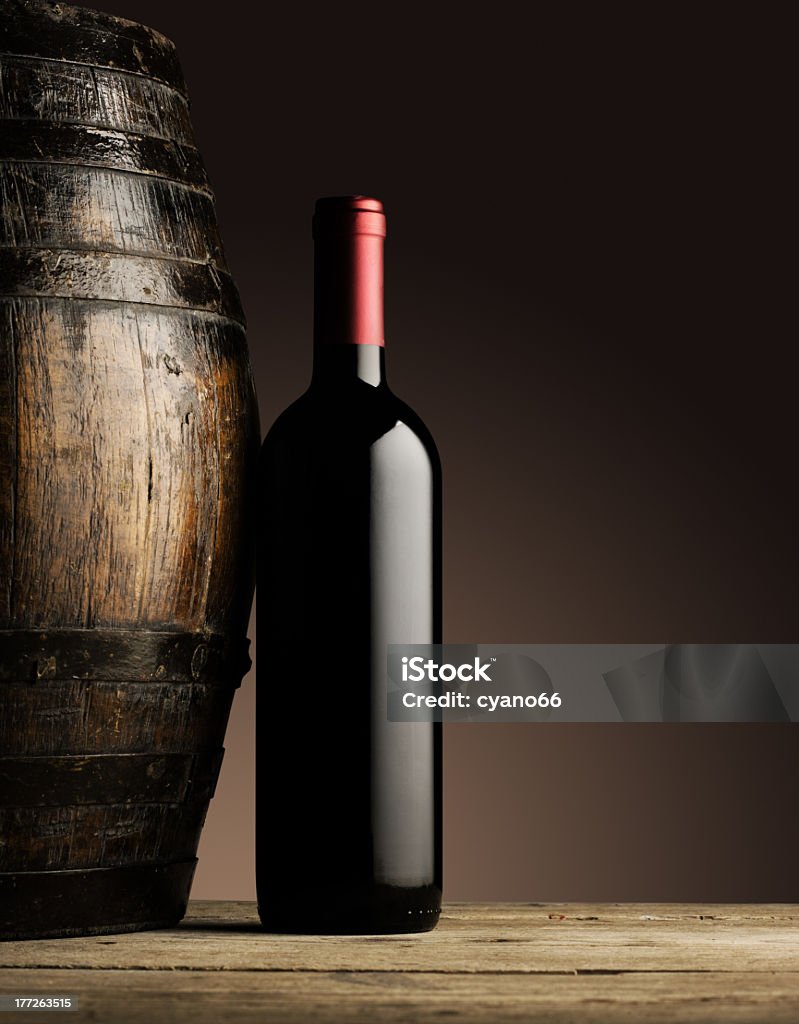 red wine bottle red wine bottle and wodden barrel Barrel Stock Photo