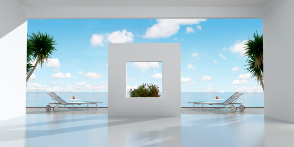 white holiday villa with terrace overlooking the sea - rendering