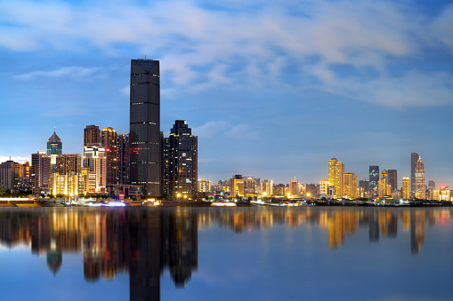 Yangtze River and skyscrapers, city night view of Wuhan, China.