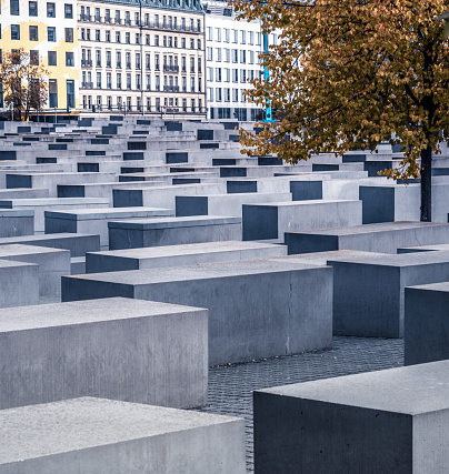 Berlin, Germany - 20 September 2019: Autumn tree between concrete slabs of Holocaust Memorial in Berlin