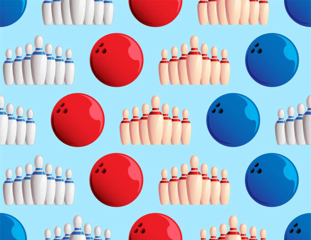 ilustrações, clipart, desenhos animados e ícones de textura repetitiva de boliche. - retro revival bowling red blue