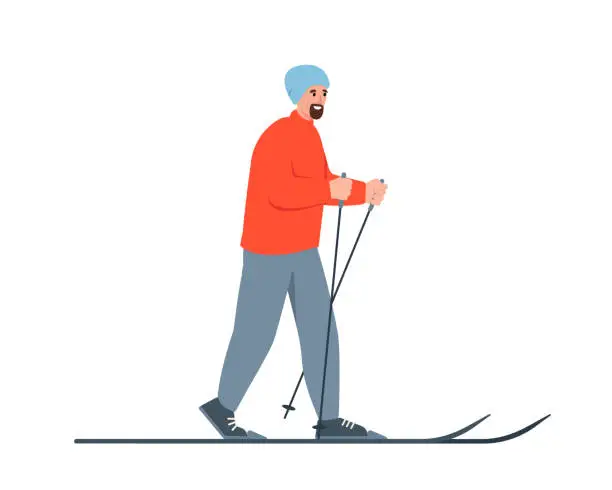 Vector illustration of Happy man in warm clothes ski in winter cold weather. Cross-country skiing guy. Healthy active lifestyle and winter leisure activities concept.