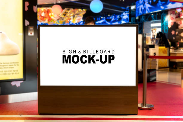 Sign and Billboard Mockup at duty free shop in departure terminal Sign and Billboard Mockup at duty free shop in departure terminal to promote your business or organization in a unique and eye-catching way. retail digital signage stock pictures, royalty-free photos & images