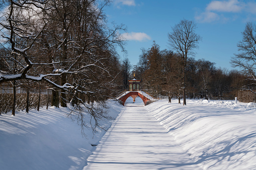 Cross bridge (Krestovy bridge) in the Alexander Park of Tsarskoye Selo on a sunny winter day, Pushkin, St. Petersburg, Russia