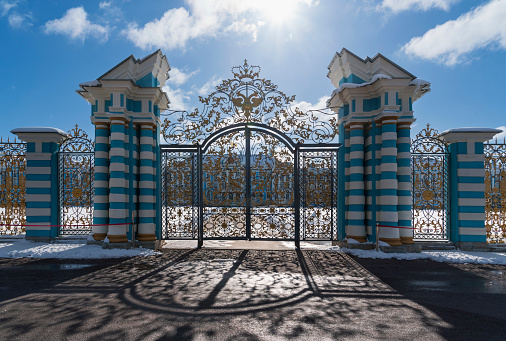 View of the Golden Gate of the Catherine Palace of Tsarskoye Selo on a sunny winter day, Pushkin, St. Petersburg, Russia