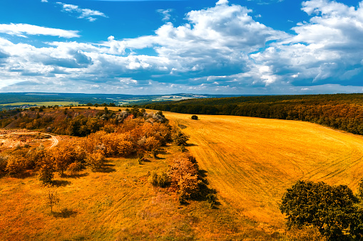 vast aerial view from the drone to the autumn countryside with agricultural fields.