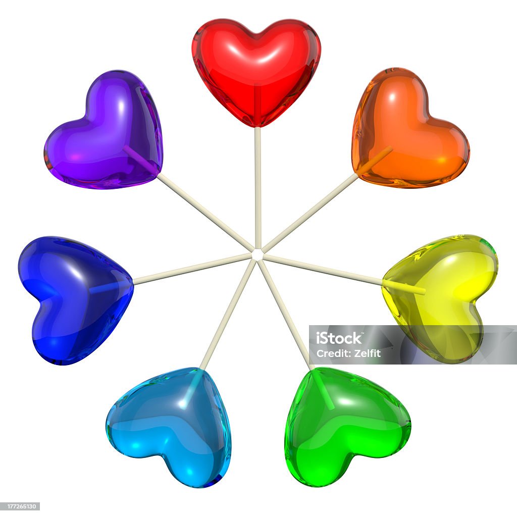 Seven heart shaped lollipops colored as rainbow "Seven heart shaped lollipops colored as rainbow, isolated on white background" Affectionate Stock Photo