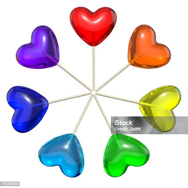 Seven Heart Shaped Lollipops Colored As Rainbow Stock Photo - Download Image Now - Affectionate, Blue, Candy