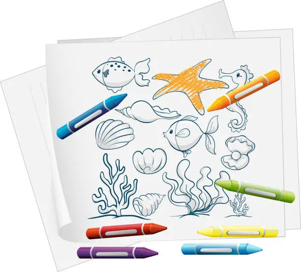 Vector illustration of Paper with doodle design of the different sea creatures
