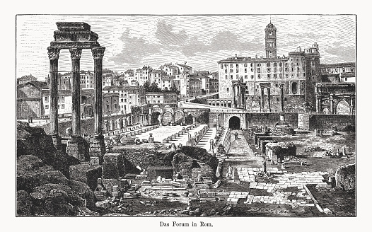 Historical view of the Roman Forum in Rome, Italy. UNESCO World Heritage Site since 1980. Wood engraving, published in 1894.
