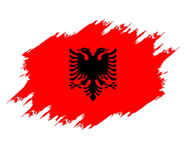 Vector illustration of Painted with brush flag Albania. Grunge flag Albania. Watercolor drawing national flag Albania. Independence Day. Banner, poster template. National flag Albania with coat arms.