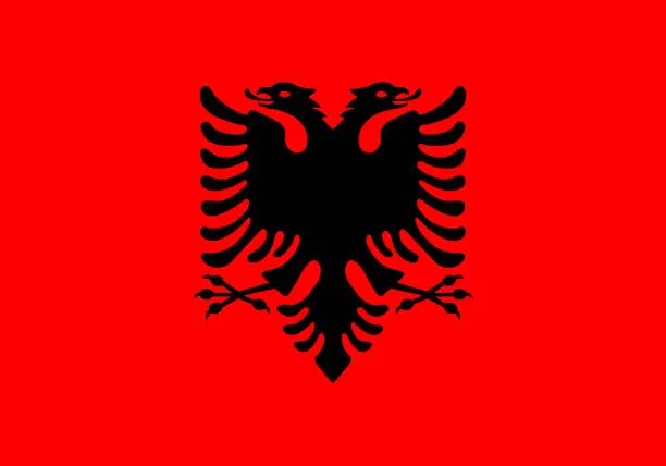 Vector illustration of Classic flag Albania. Official flag Albania with size proportions and original color. Standard color and size. Independence Day. Banner template. National flag Albania with coat of arms.