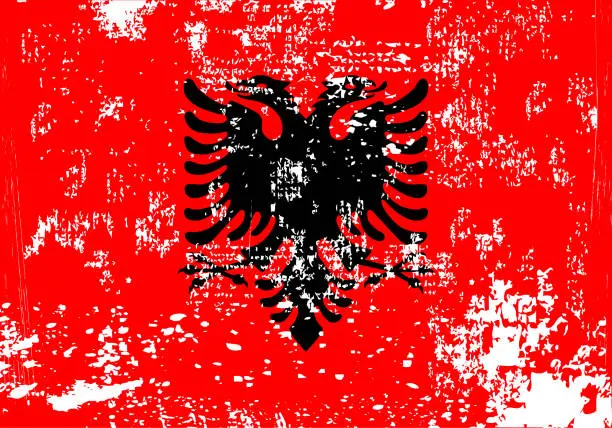 Vector illustration of Grunge flag Albania. Painted brush stroke. Watercolor drawing, vintage flag Albania. National flag Albania with coat arms. Independence Day. Banner, poster template.