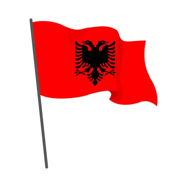 Vector illustration of Flag Albania is flying. Official flag Albania flies of flagpole. Independence Day. Banner, flyer, poster template. National flag Albania with coat of arms. Wavy flag Albania.