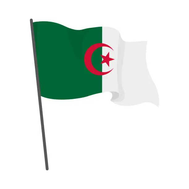 Vector illustration of Flag Algeria is flying. Official flag Algeria flies of flagpole. Independence Day. Banner, flyer, poster template. National flag Algeria with coat of arms. Wavy flag Algeria.