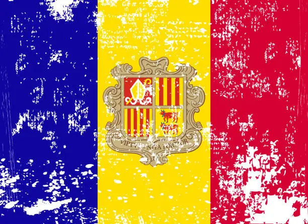 Vector illustration of Damaged flag Andorra. Andorra flag with grunge texture. Independence Day. Banner, poster template. National flag Andorra with coat arms. State flag Andorra is drawn in ink.
