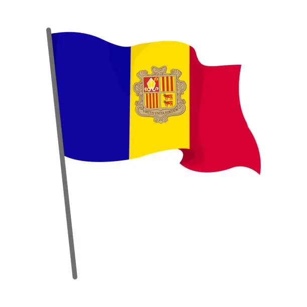 Vector illustration of Flag Andorra is flying. Official flag Andorra flies of flagpole. Independence Day. Banner, flyer, poster template. National flag Andorra with coat of arms. Wavy flag Andorra.