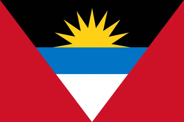Vector illustration of Classic flag Antigua. Official flag Antigua with size proportions and original color. Standard color and size. Independence Day. Banner template. National flag Antigua with coat of arms.