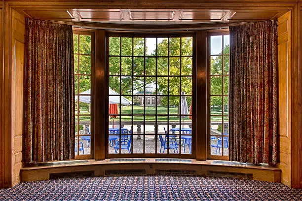 The Foellinger Auditorium and Quad as viewed from the south lounge of the Illini Union on the campus of the University of Illinois in Urbana, Illinois