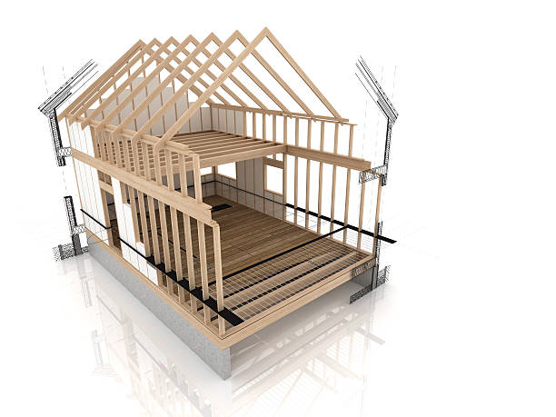 Wooden house construction visualization of wooden house during project. basement construction site construction blueprint stock pictures, royalty-free photos & images