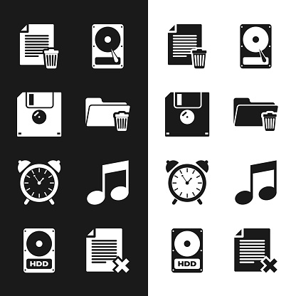 Set Delete folder Floppy disk file document Hard drive HDD Alarm clock and Music note tone icon. Vector.