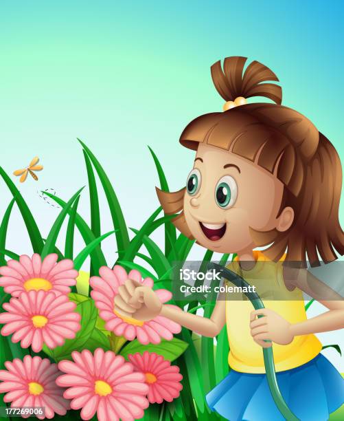 Vetores de Menina Com Uma Mangueira De Jardim e mais imagens de Criança - Criança, Ilustração e Pintura, Mangueira de jardim