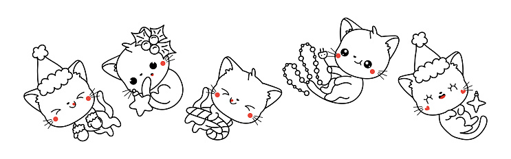 Collection of Vector Christmas Cat Outline. Set of Isolated Xmas Kitty Coloring Page.