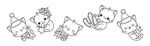 Vector illustration of Collection of Vector Christmas Cat Outline. Set of Isolated Xmas Kitty Coloring Page.