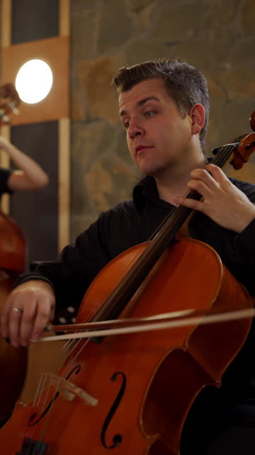 Young adult student playing cello in studio