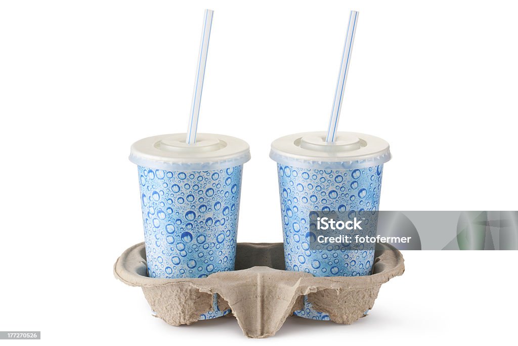 Dois copos descartáveis para bebidas no suporte de papelão - Foto de stock de Alimentação Não-saudável royalty-free