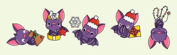 Vector illustration of Collection of Vector Christmas Bat Art. Set of Isolated New Year Animals Illustration for Stickers.
