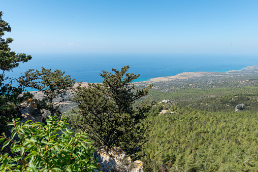Sea view from the green mountainous area on the island of Cyprus.