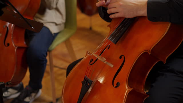 Young adult preparing cello for rehearsing in music studio