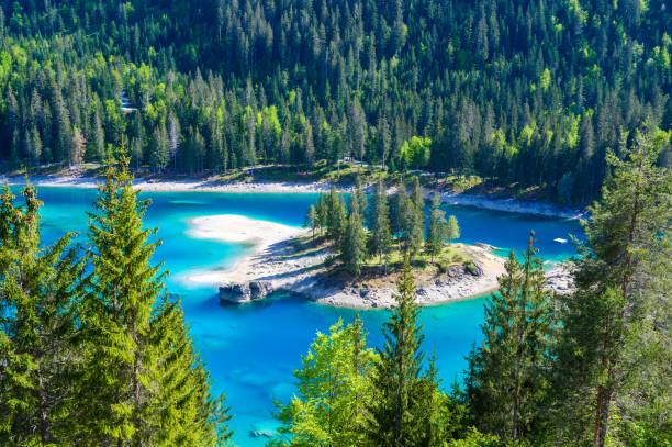 небольшой остров посреди озера каума (caumasee) с кристально голубой водой в красивых горных пейзажах в флимс, граубюенден - швейцария - landscape laax graubunden canton switzerland стоковые фото и изображения