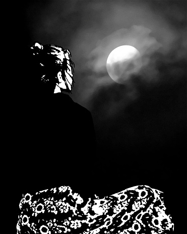 Poetic scene with young woman in lotus position watching the moon high contrast black and illustration