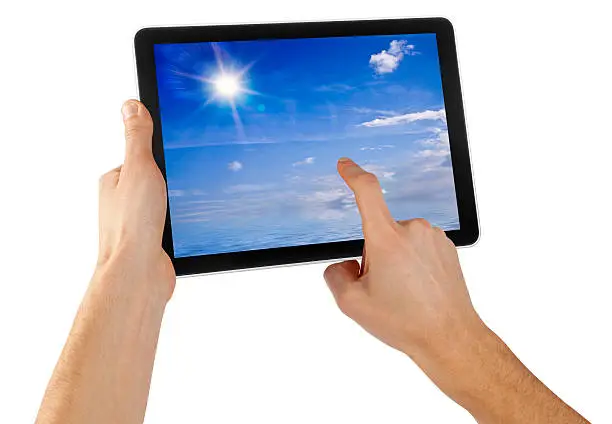 Photo of person holding digital tablet on white background