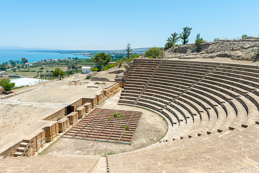 Aerial view of ancient theater in Arycanda Ancient City in Finike, Antalya.