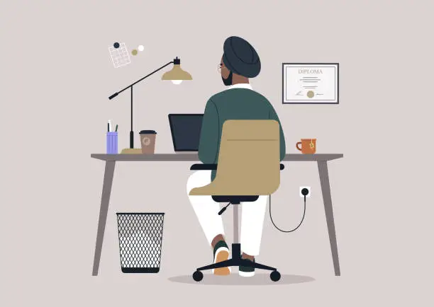 Vector illustration of A young Indian character diligently using their computer at a desk, viewed from behind