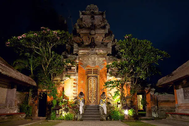 "Balinese temple Royal Palace at night, Ubud, Indonesia"