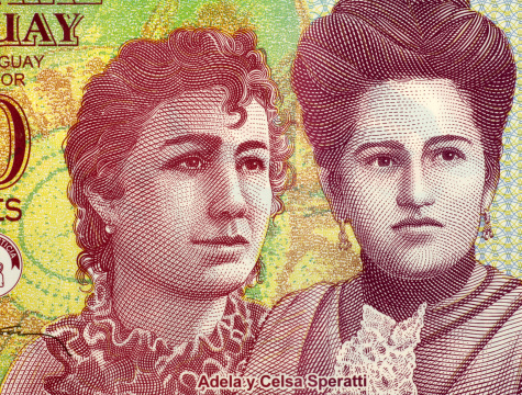 Adela and Celsa Speratti on 2000 Guaranies 2009 Banknote from Paraguay. Paraguayan sisters and 19th century educators. Less than 30 percent of the banknotes is visible.