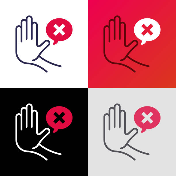Warning symbol. Stop hand gesture and speech bubble with cross mark. Refusal, personal boundaries, ability to refuse. Modern vector illustration of restriction. vector art illustration