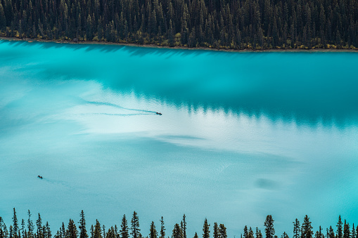 Canoers paddle below in Lake Louise, taking in the sights of Banff