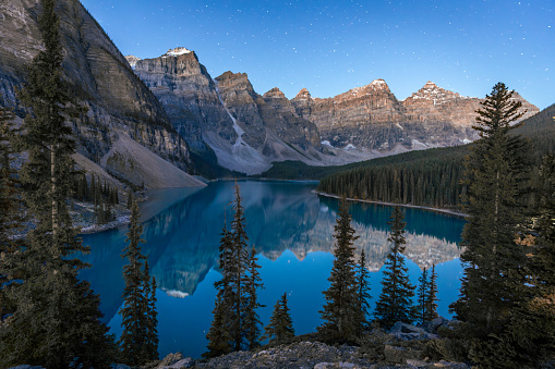 Sunrise at Moraine Lake with stars in the sky, Banff.