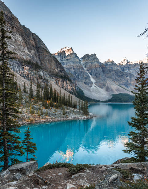 Moraine Lake Sun hitting the Valley of Ten Peaks from Moraine Lake, Banff. canadian rockies stock pictures, royalty-free photos & images
