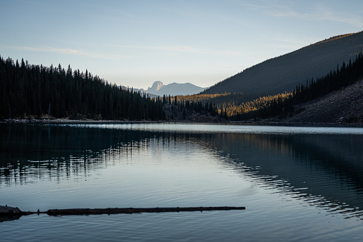 View of The Moraine Lake rockpile from across the lake in Banff.