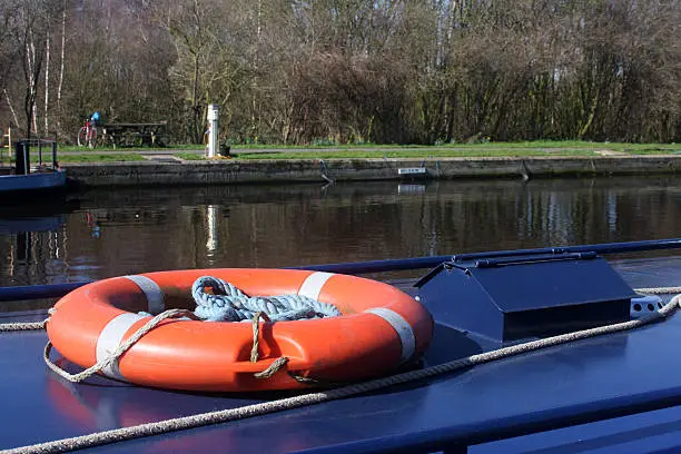 "Lifebelt on Narrowboat that is moored at Stanley Ferry, Wakefield, West Yorkshire"